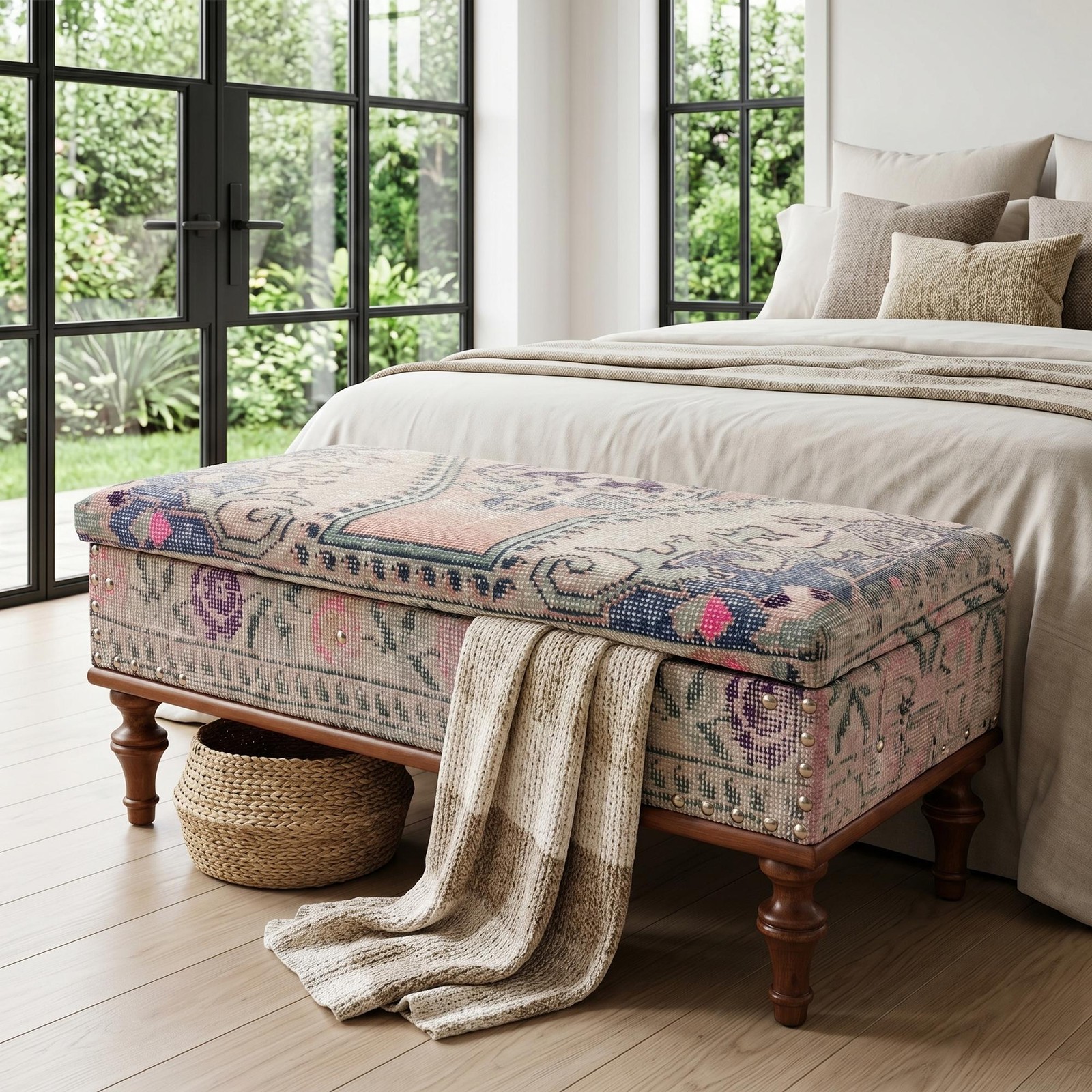 Storage Ottoman Kilim Rug Handmade Bench Wood Frame Lightweight 300kg