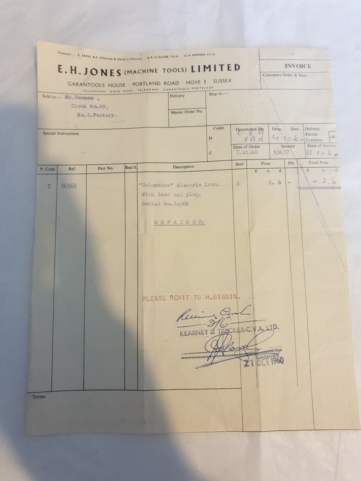 E H Jones  Garantools House Portland Road Hove Sussex  Invoice Denmam clock