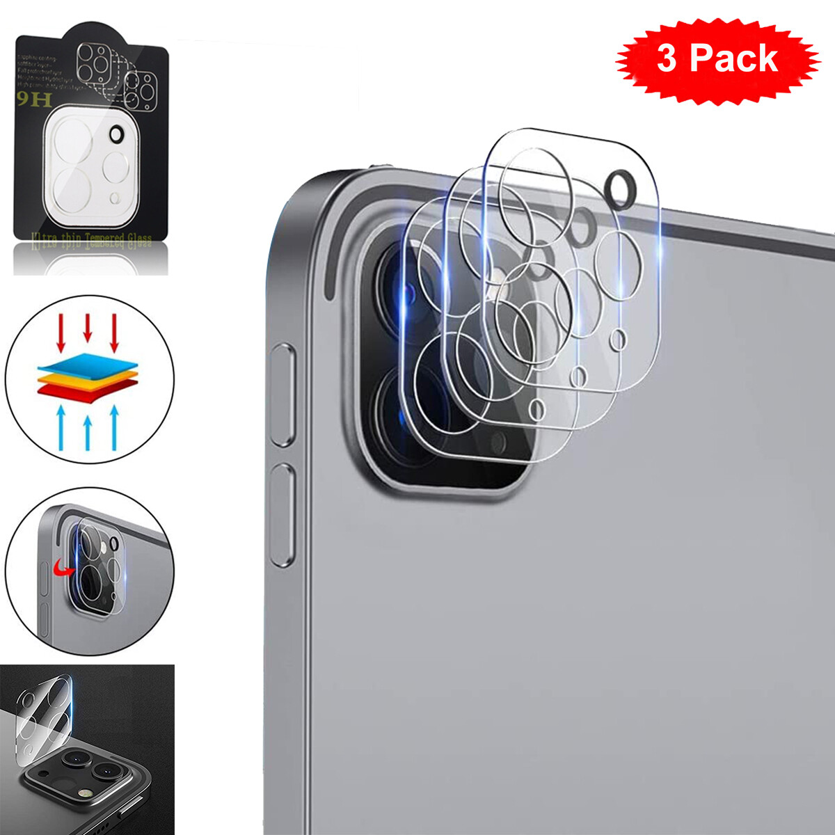 3 Pack Tempered Glass Camera Lens Protector For iPad Pro 6th/5th/4th/3rd 12.9/11