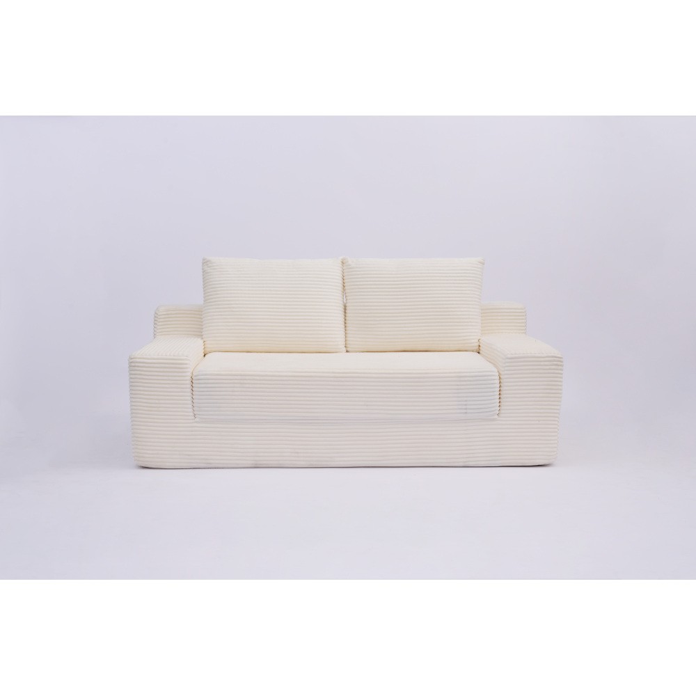 Modern Loveseat Sofa Bed w/Reversible Cushion & Pillows, White Corduroy