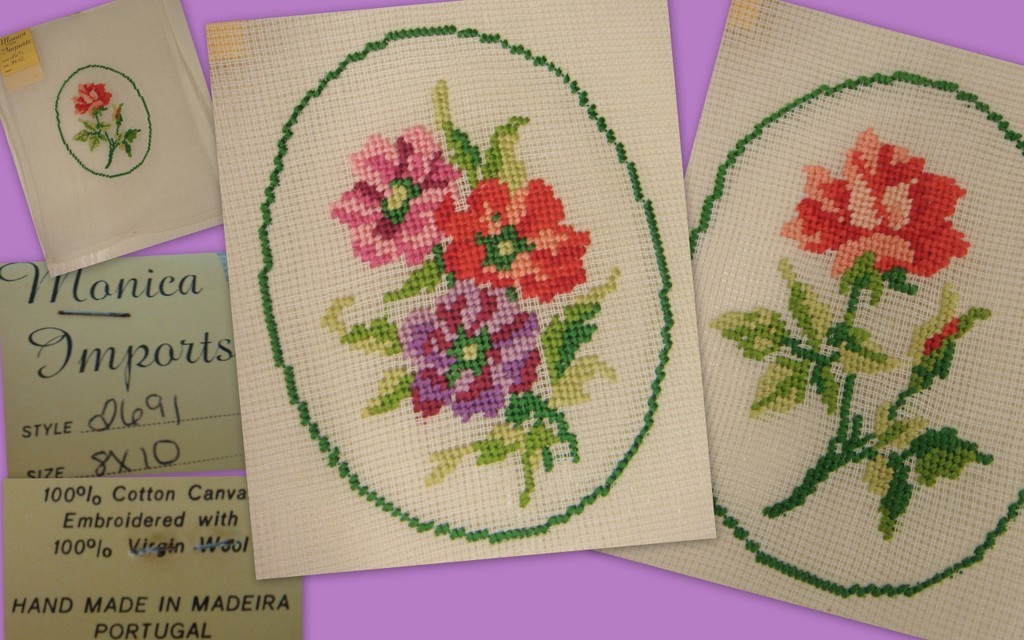 Vtg f2b Monica Imports Preworked Handmade Needlepoint 2 Flowers 8" x 10" NWT