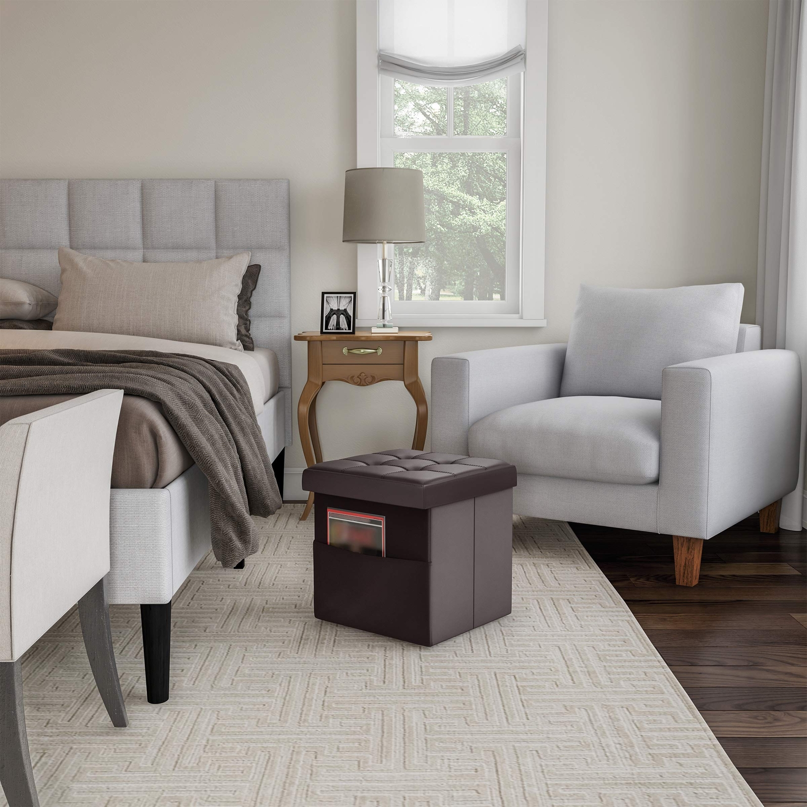 Foldable Storage Cube Ottoman With Pocket “ Tufted Faux Leather Footrest Organiz