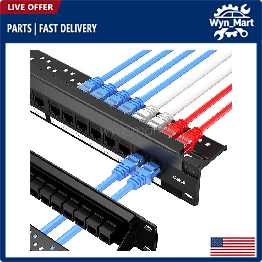 24 Port Cat6 Patch Panel, 10G Pass-Through Keystone RJ45 Coupler, UTP 19-Inch 1U
