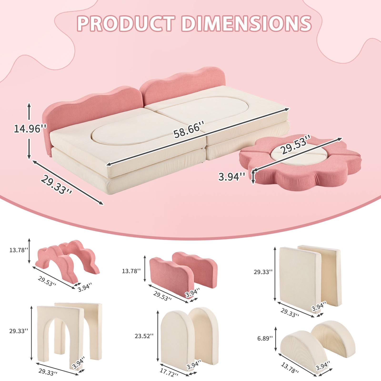 Modular Kids Sofa, All-Sponge Pink & White Corduroy, Free Combination Design