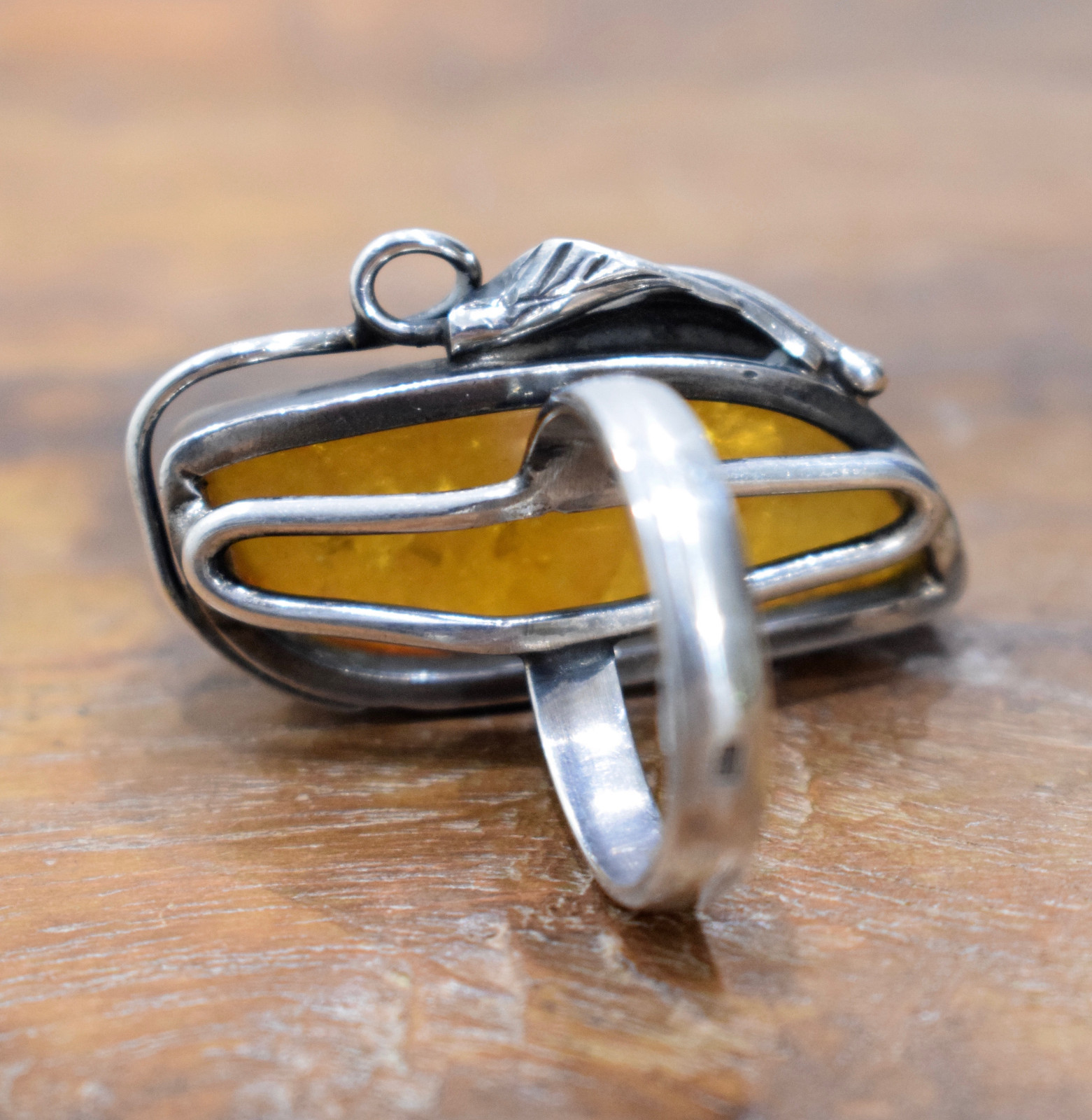 Ring Sterling Silver Baltic Amber Leaf Ring