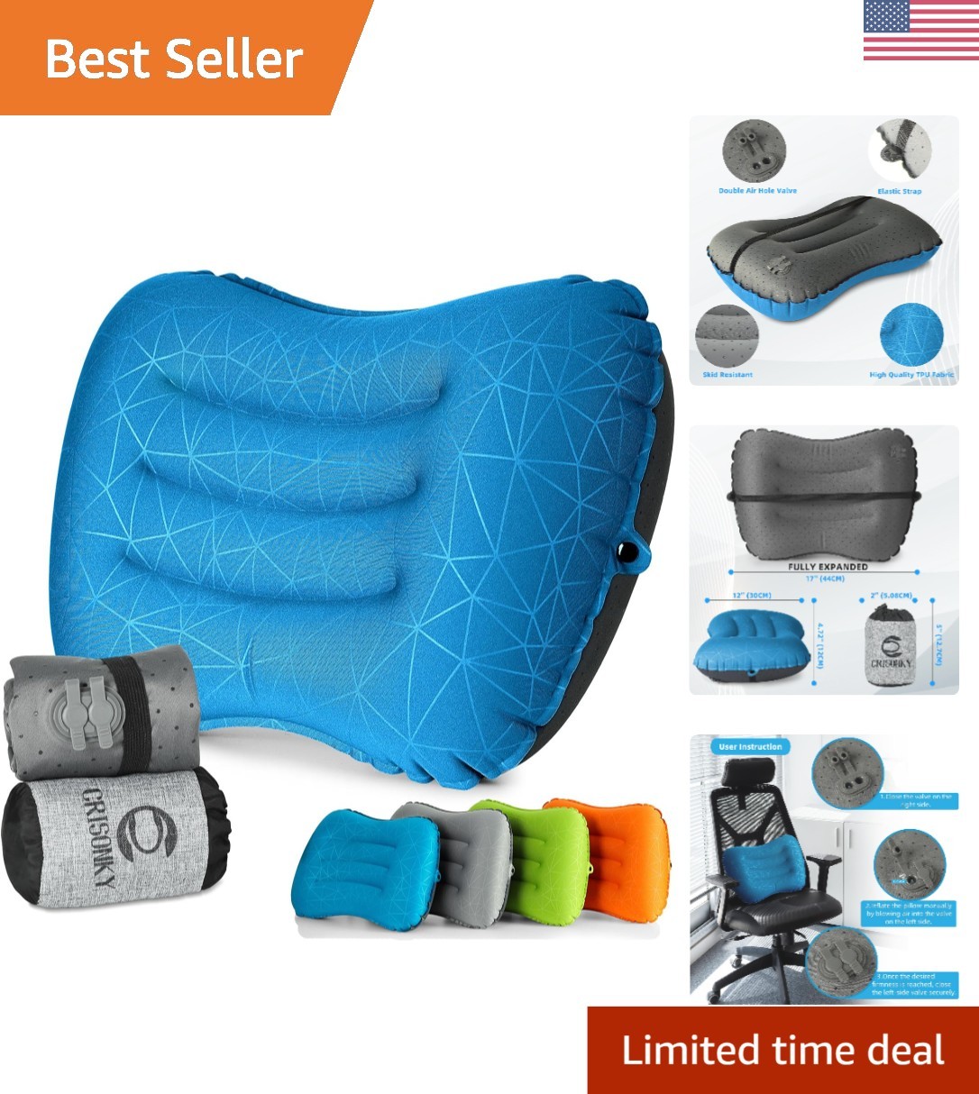 Inflatable Camping & Travel Pillow - Compact & Portable with Skid Resistant Base