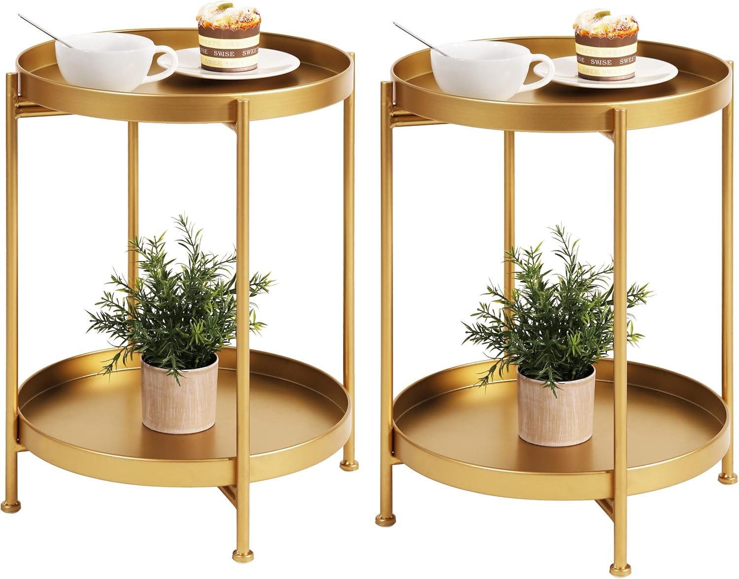 2 Pack Round End Table Mental Side Table Nightstand/Small Wood Tables Accent
