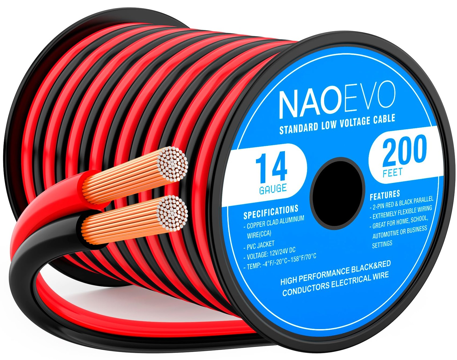 NAOEVO 14 Gauge Wire 200FT, 2 Conductors Electrical Red 200ft, Red&Black
