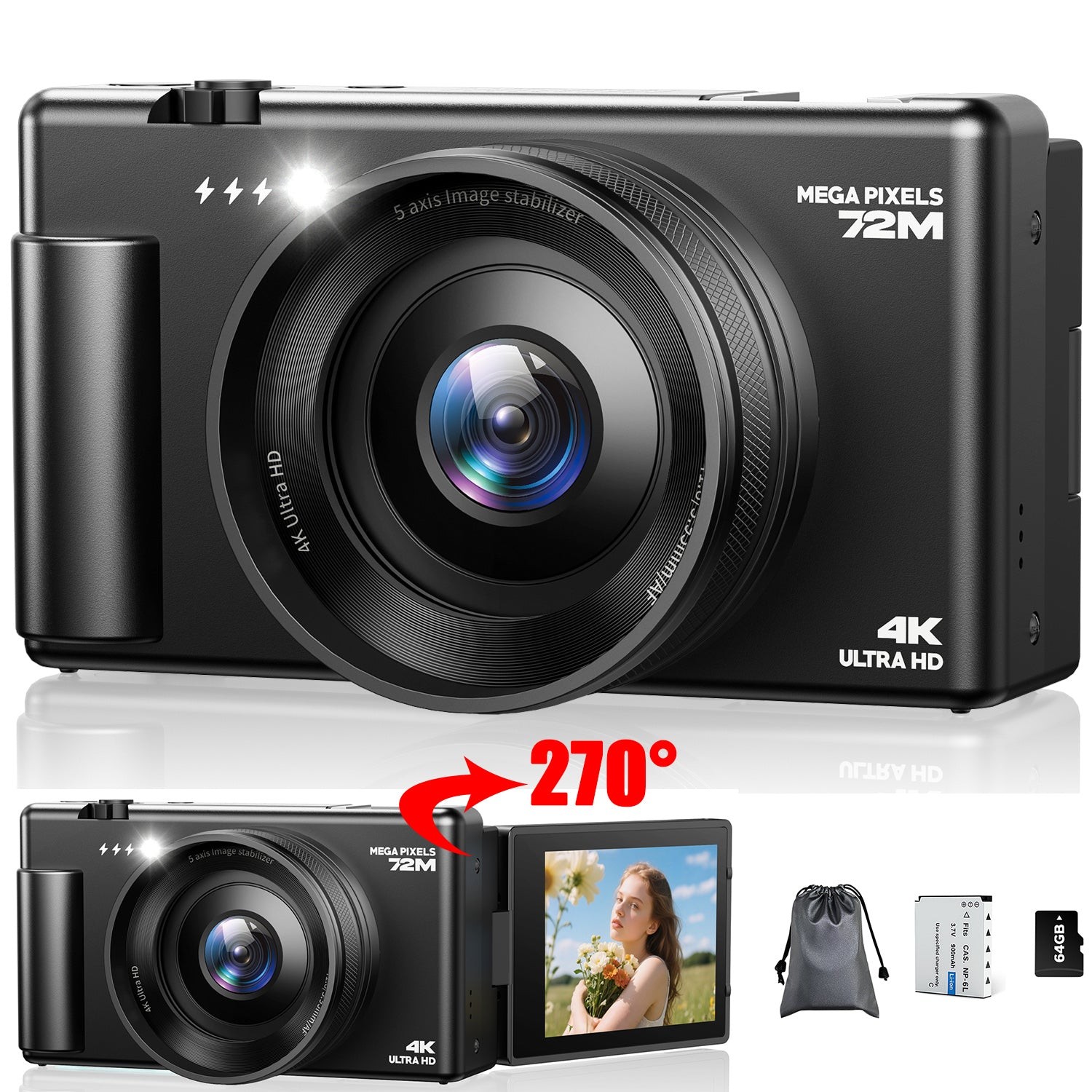 72MP Autofocus Digital Camera 4K for Photography 2.8" 270° Flip Screen 18xZoom