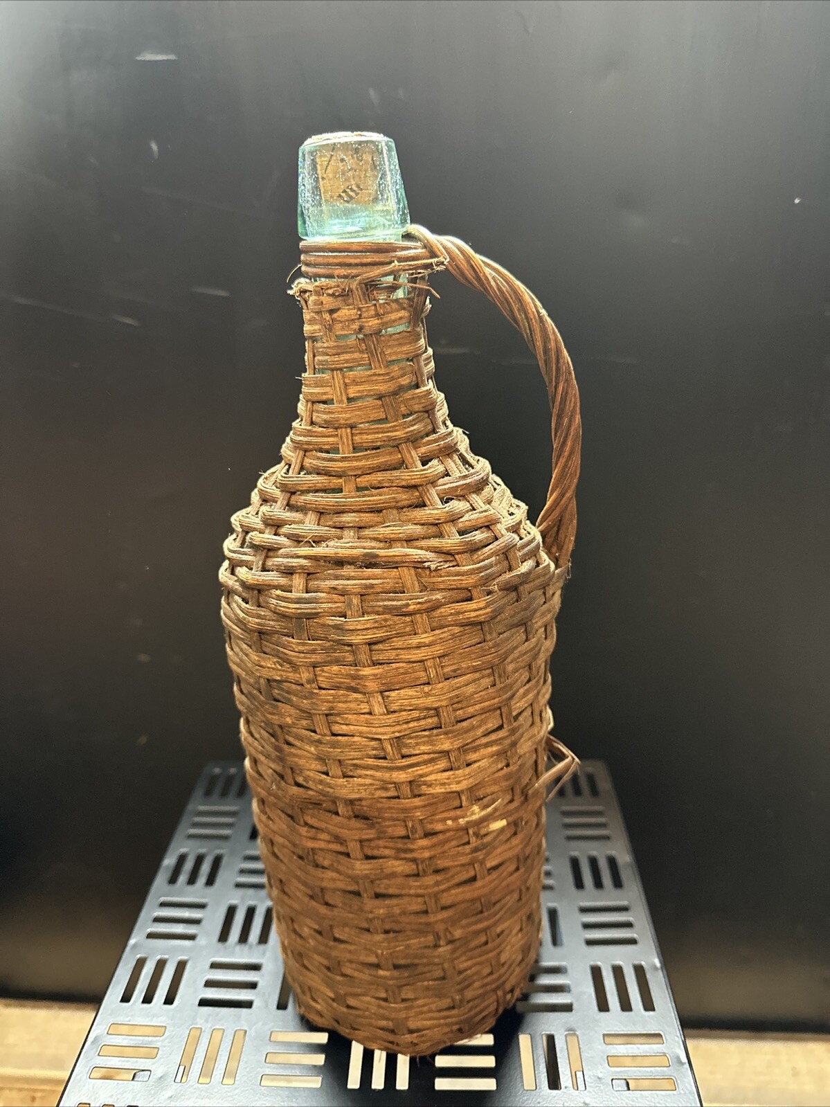 Vintage Wicker Covered Rattan Demijohn Aqua Blue Handled Bottle Carboy 14”