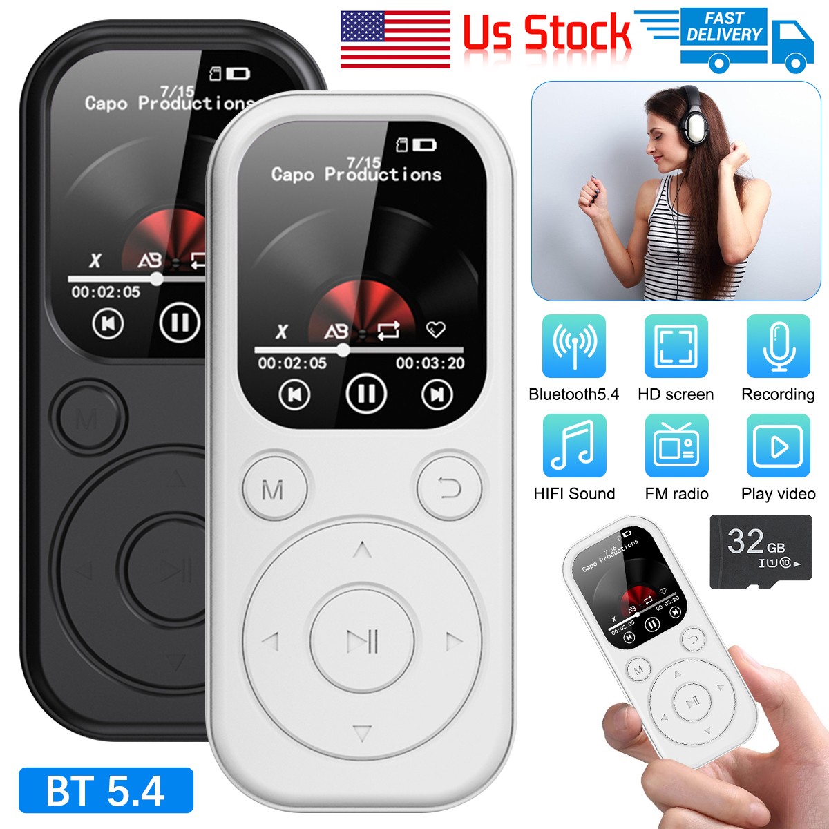 Bluetooth MP4 MP3 Player Support 128GB Lossless Music FM Radio Recorder Sport