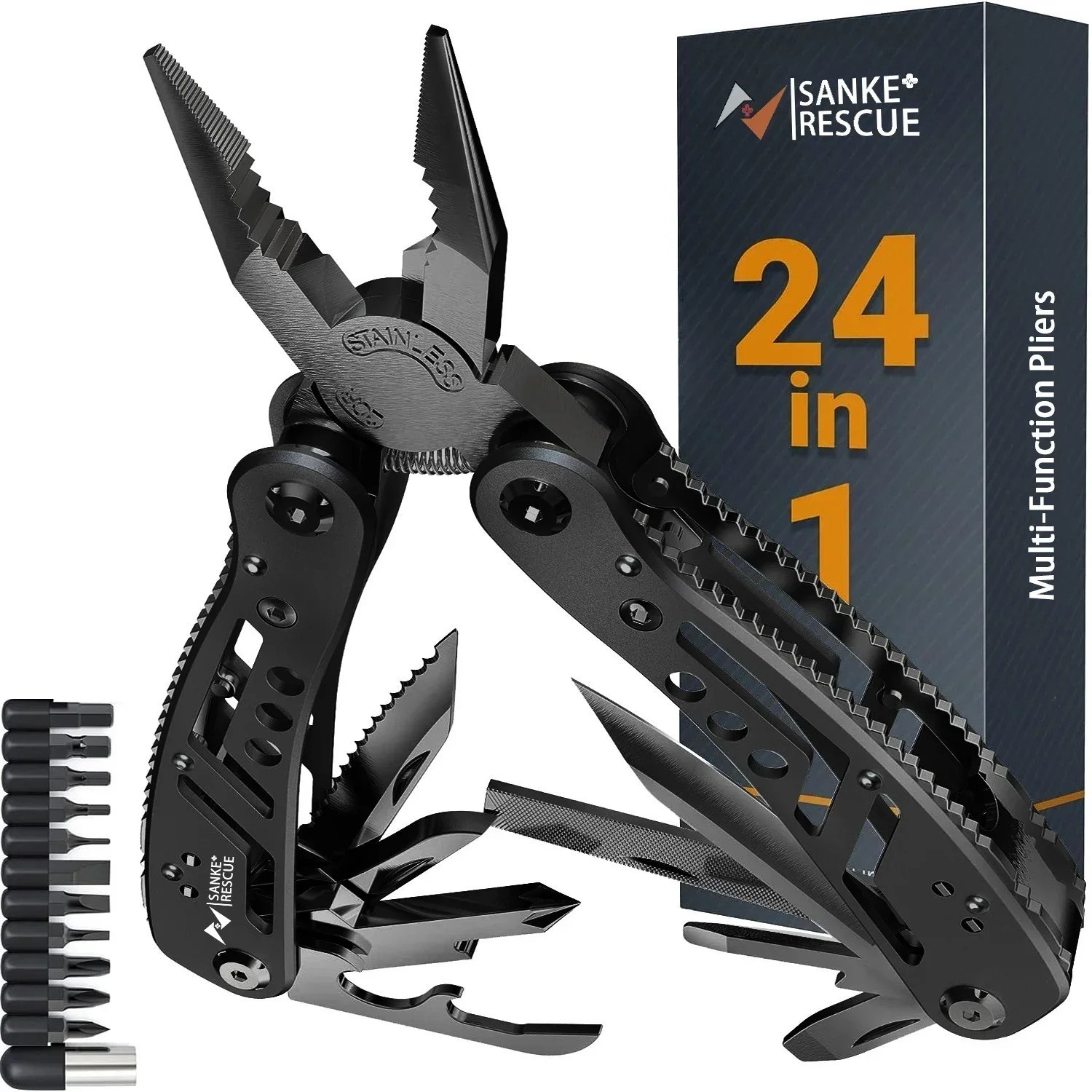 24-in-1 Multitool Pliers Heavy Duty Stainless Steel Pocket Tool with Bit Set