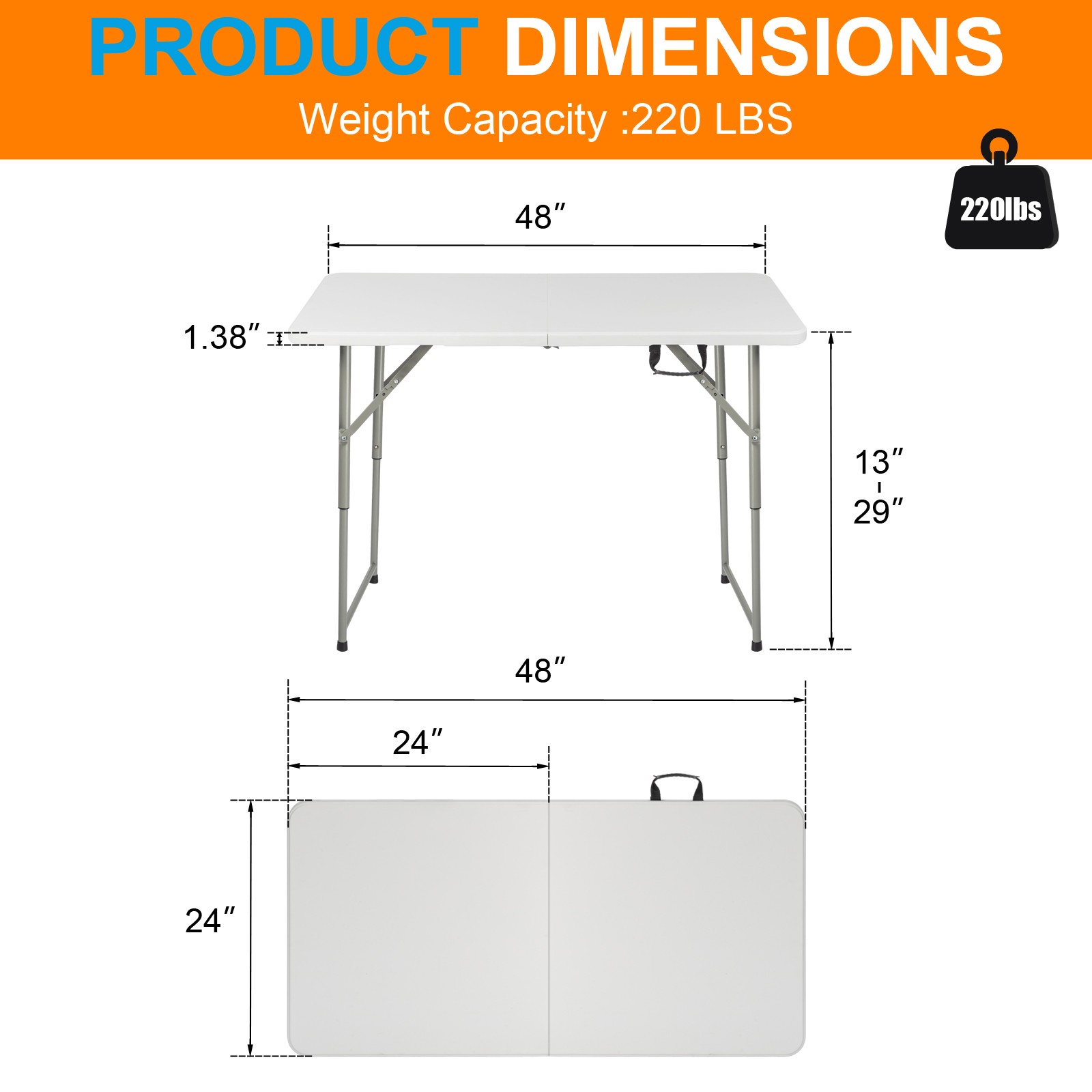 4' Heavy Duty Plastic Folding Table Center Fold Height Adjustable Indoor Outdoor