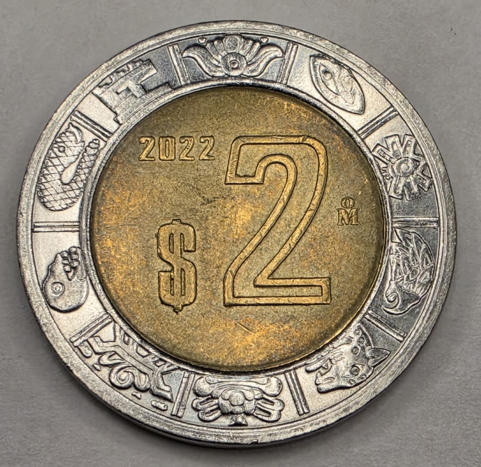 2022 Mexico 2 Two Pesos - Circulated Mexican Bi-Metallic World Coin - L2