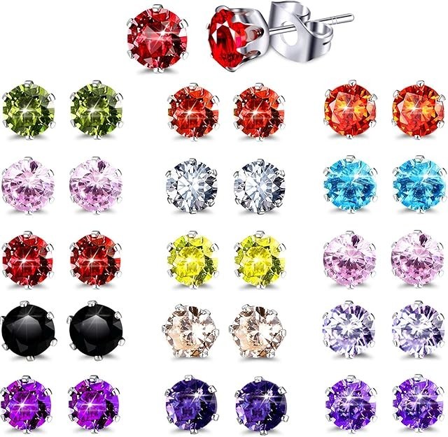 15 Pairs Stainless Steel CZ Stud Earrings Hypoallergenic Birthstone Women Set