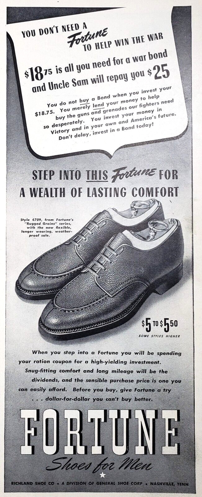 PRINT AD Fortune Shoes for Men 1943 Buy War Bonds Richland Nashville 5x13