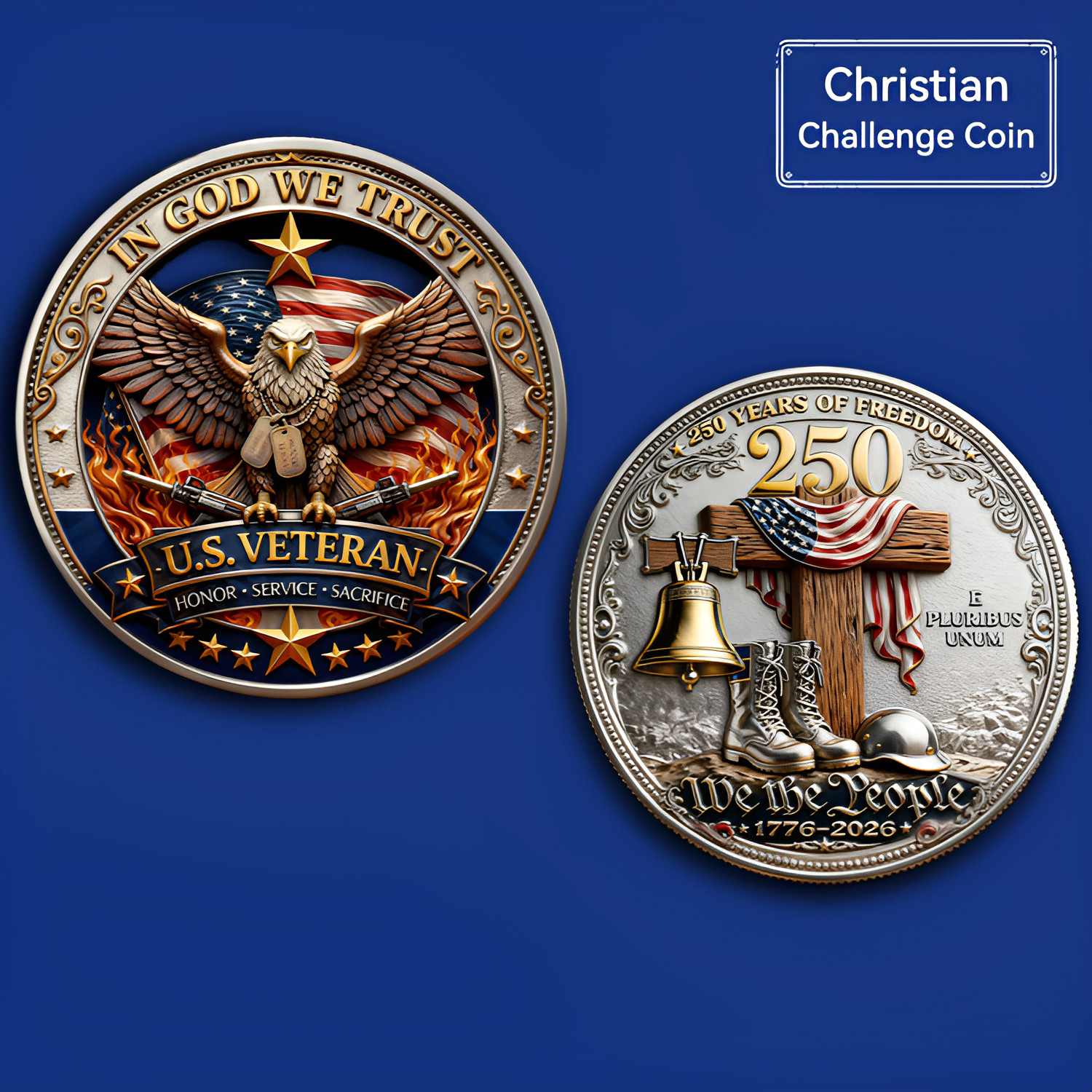 250 Years Freedom US Veteran Christian Challenge Coin 1776-2026 Gift 5pc