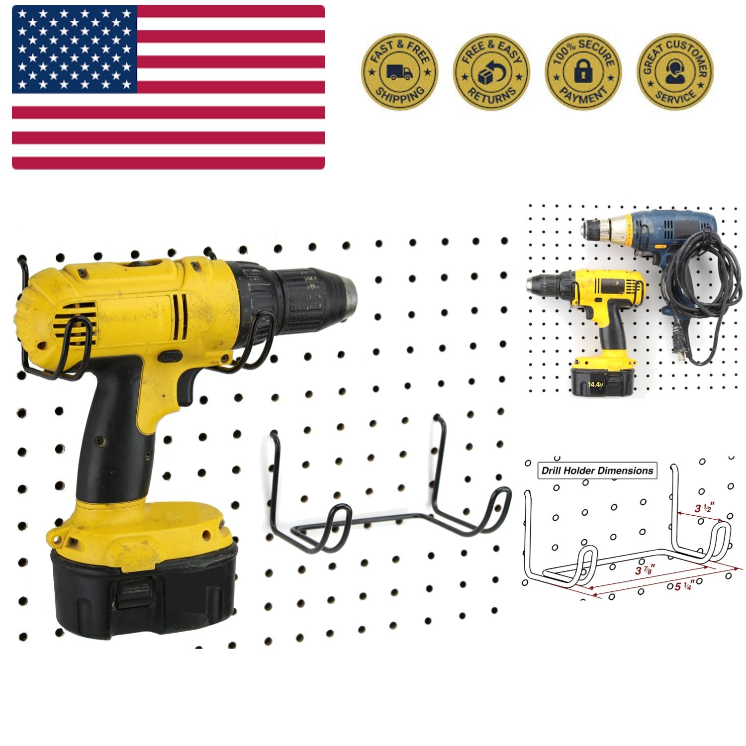 Drill Holder, 2 Pack - Black Steel - Hooks to Pegboard - Organization Accesso...