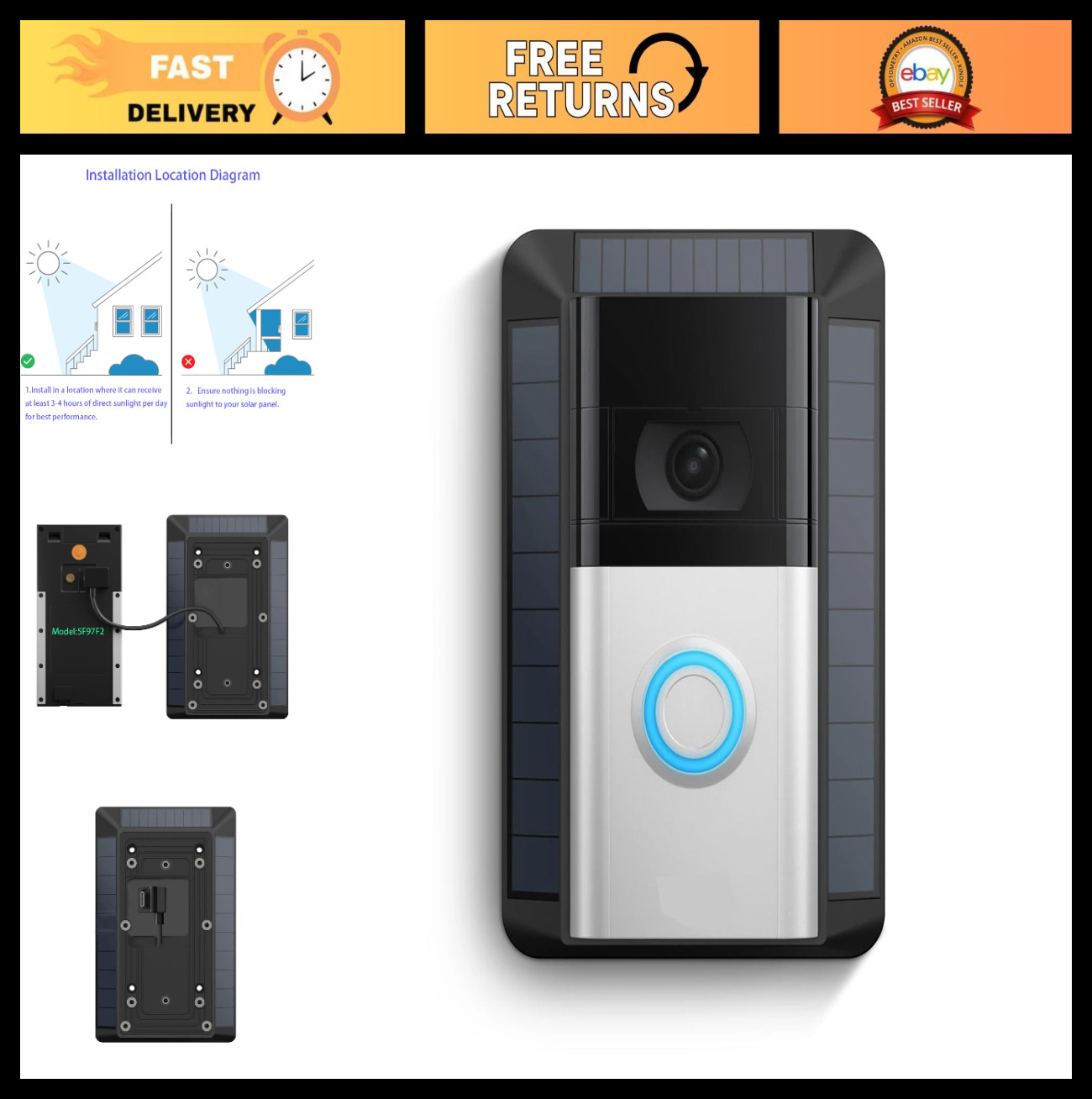 Solar Charger for Ring Doorbell - USB-C Compatible, 2024 Model, Eco-Friendly Pow