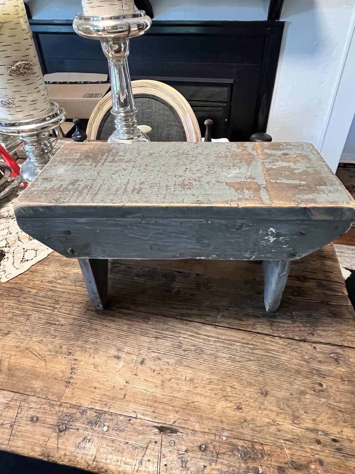 AAFA Antique Wooden Step Stool Riser Footstool Primitive Decor Original Blue