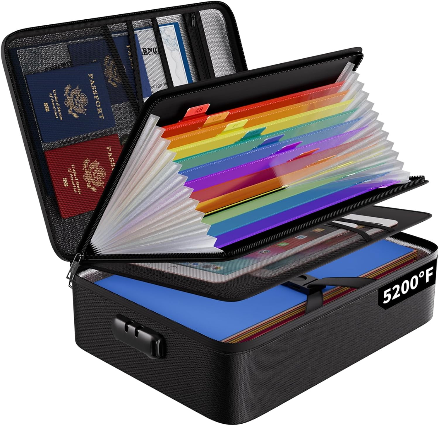 Fireproof Document Organizer Bag with 13 Pockets and Lockable Storage