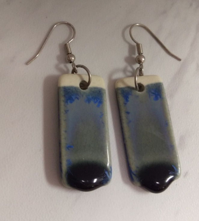 Beautiful Blue Ceramic Earrings - Blue glaze on both sides thicker at bottom