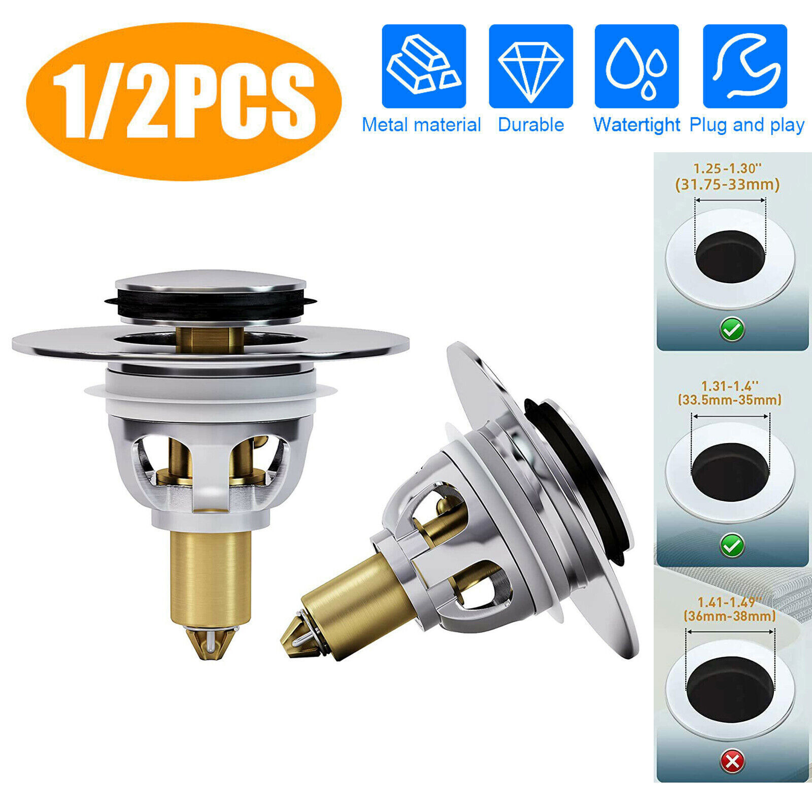 Sink Stopper Drain Filter Bullet Core Bounce Pop Up Fit for 1.31-1.4", 1.25-1.3"