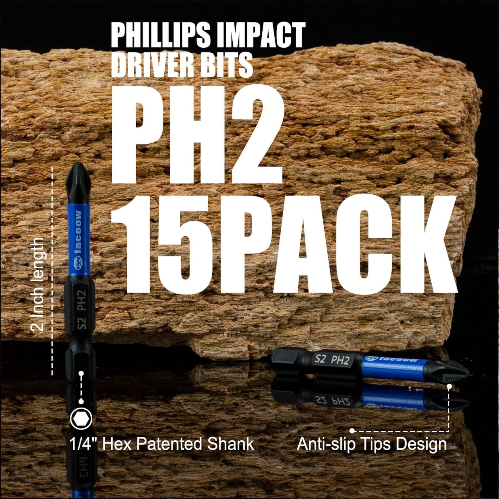 Facoow 15Pack Phillips Bits #2 Impact, AntiSlip 2Inch Magnetic Phillips Head ...