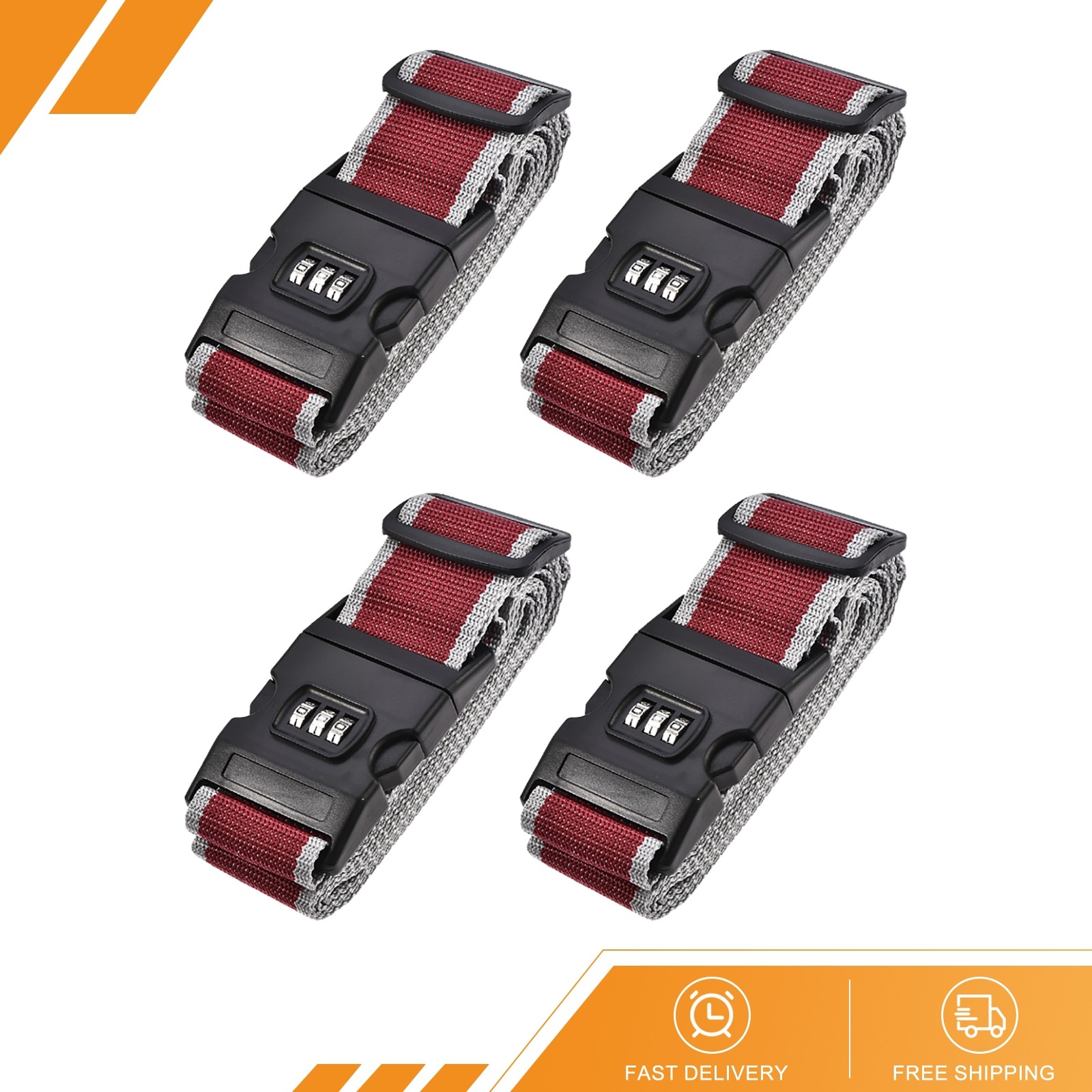 4 x Luggage Straps Suitcase Belts with Buckle Combination Lock 2Mx5cm Red Gray