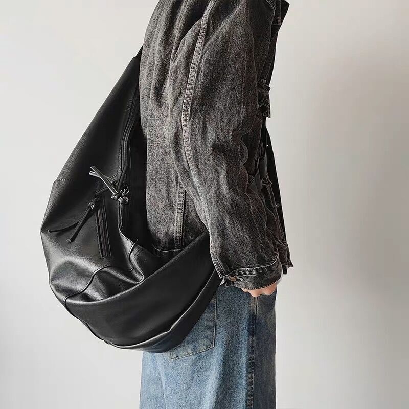 Men Retro Jiaozi Bag Large-Capacity Artificial Leather Casual Oversize Tote Bag