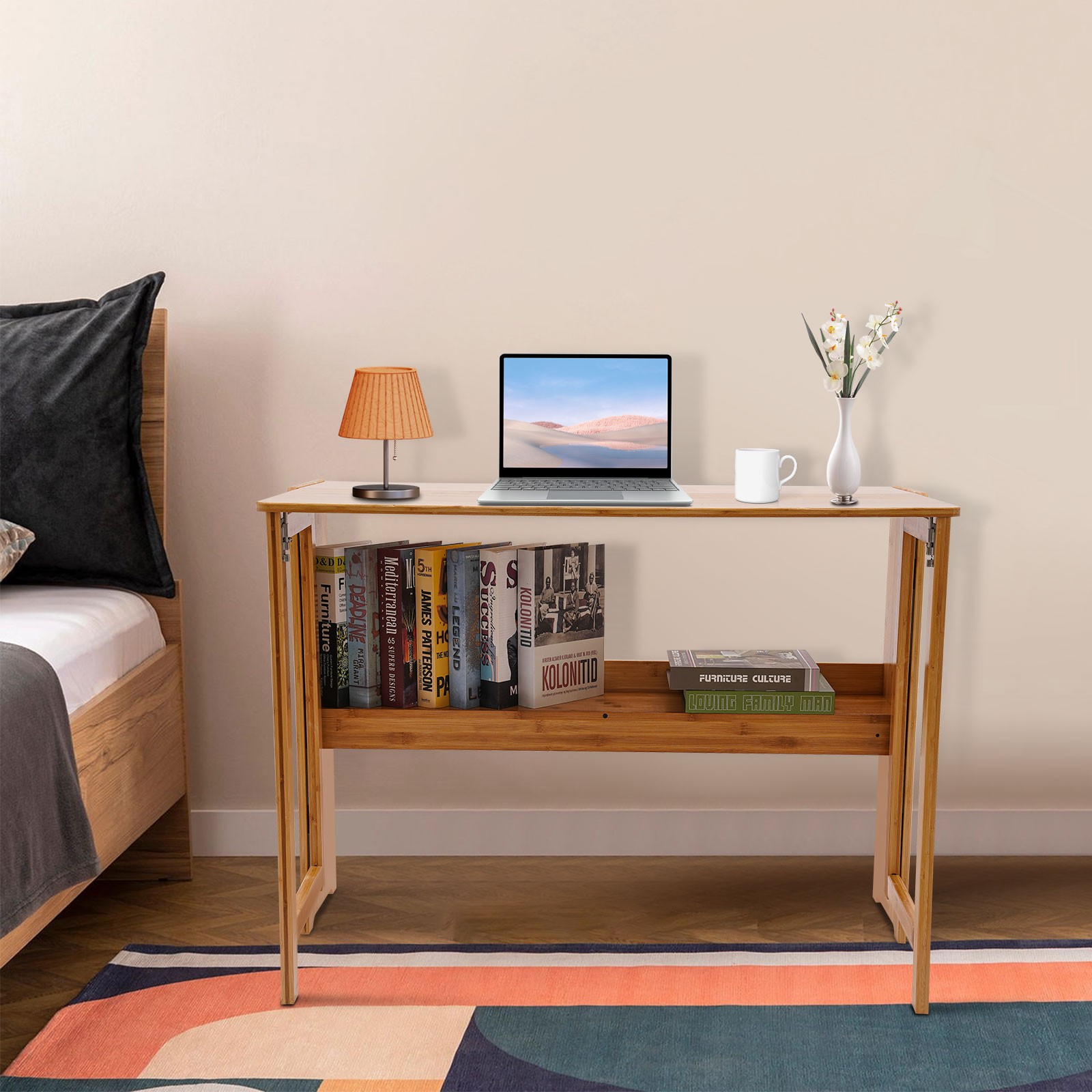 Folding Desk, Computer Desk with Bookshelf, Writing Desk for Student Office