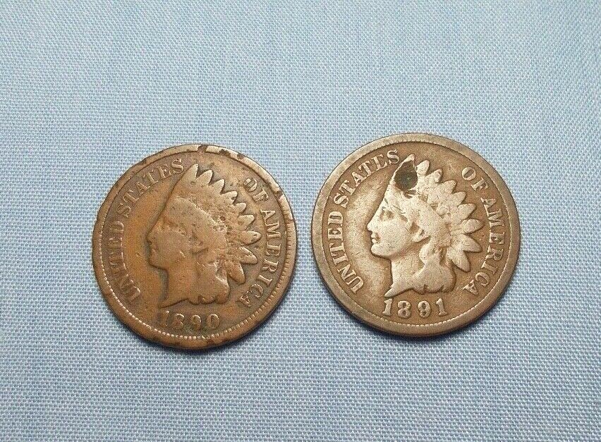 Lot of 2 United States Indian Head Cents 1890 and 1891 Bronze Composition