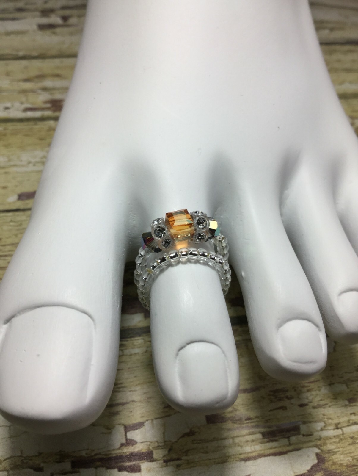 Handmade Amber Crystal Stretch Toe Ring W/Swarovski Elements USA