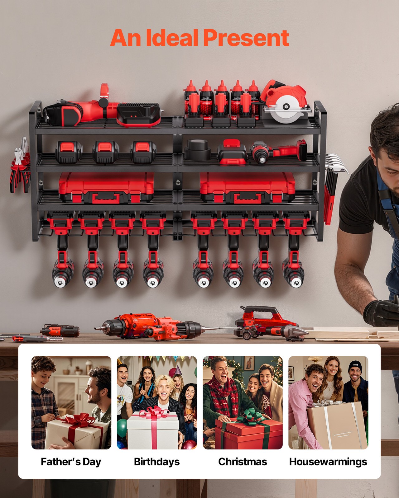 VEVOR Power Tool Organizer Wall Mount 4-Layer Tool Storage Rack 8 Drill Holders