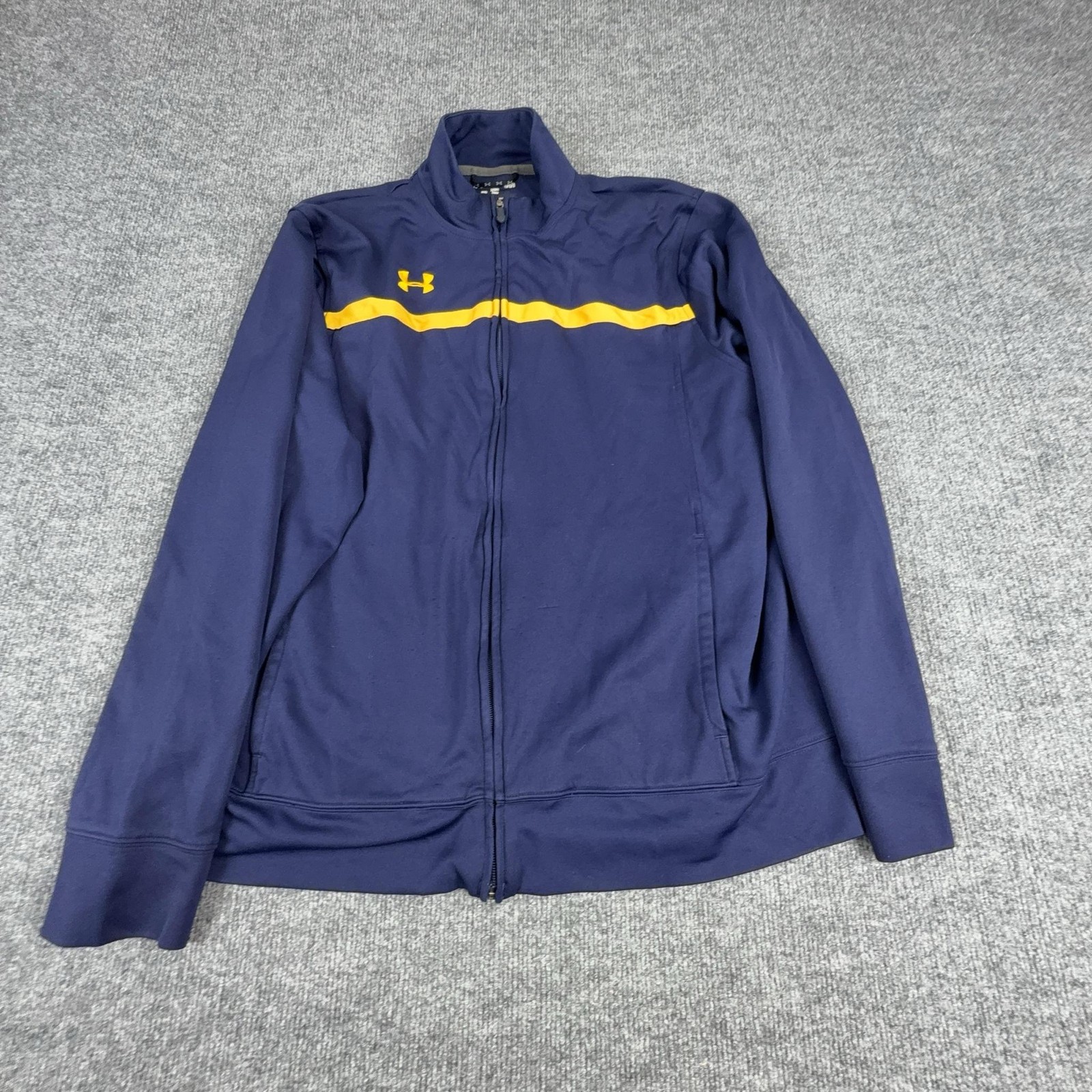 Under Armour Jacket Mens Large Blue Full Zip Track Yellow Stripe Athletic