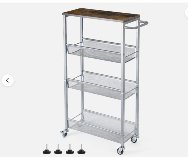 4-Tier Silver Narrow Rolling Cart Wood Top Storage Organizer Wheels Kitchen Bath