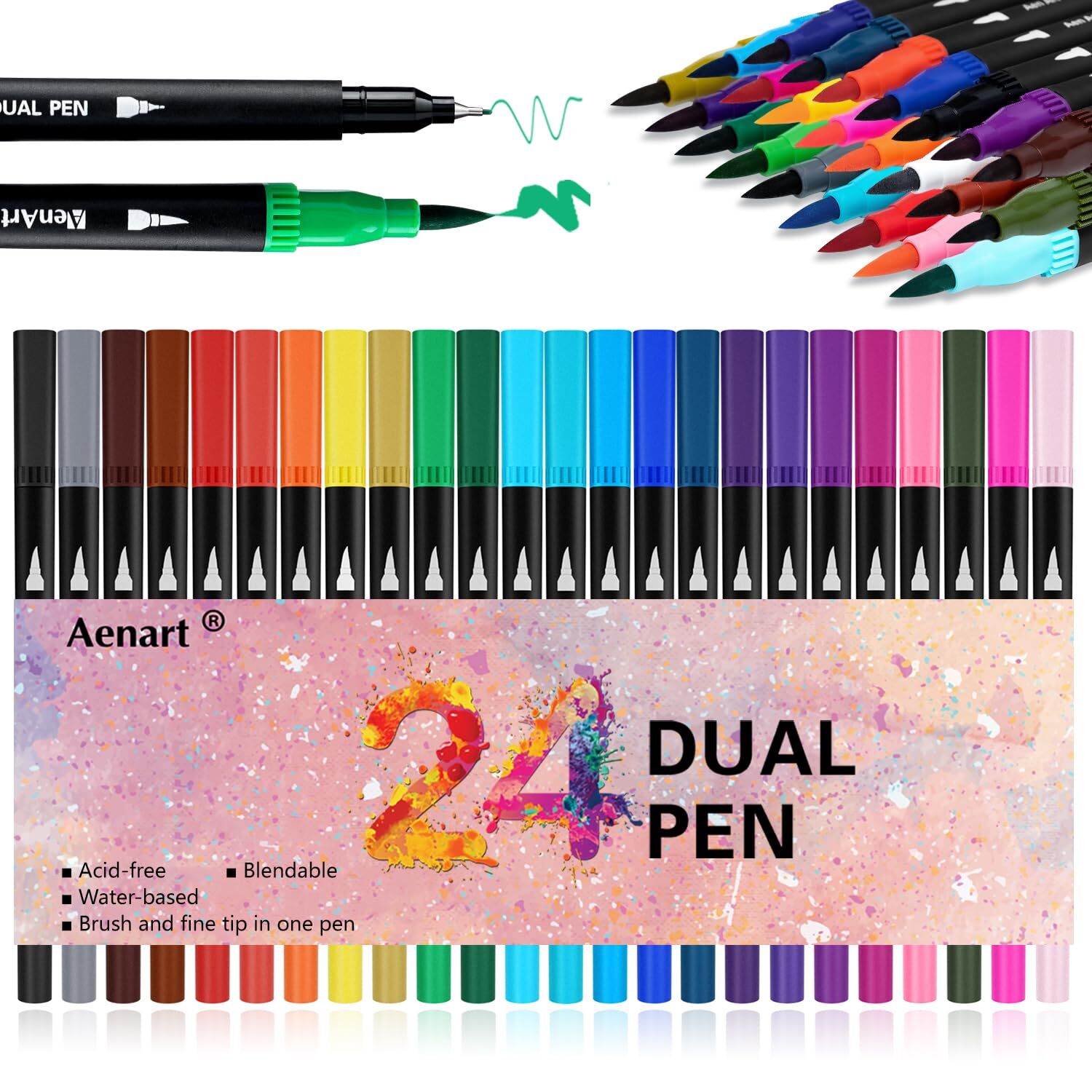 Dual Brush Markers for Adult Coloring Books, 24 Colored Fine Point Marker Pen