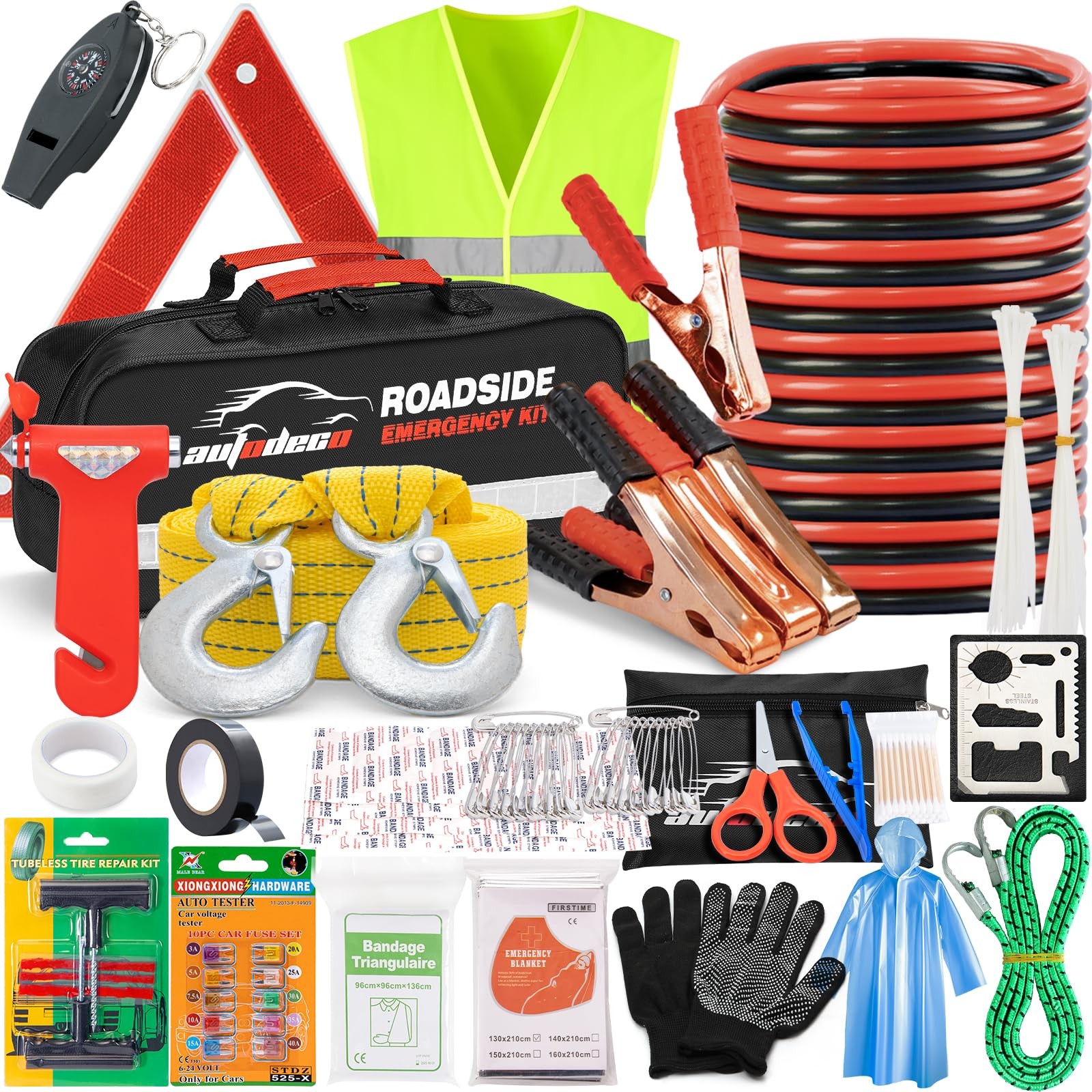 Car Roadside Emergency Kit “ Premium With Jumper Cables Tow Strap Etc