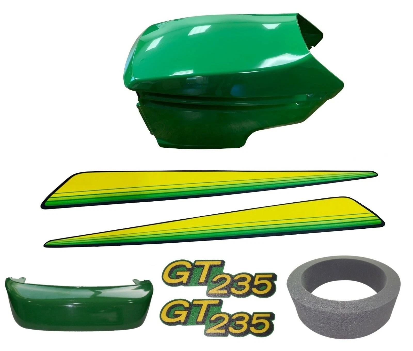 New Upper&Lower Hood/Bumper/Foam Isolator/LH&RH Stickers Fits JohnDeere GT235 UP