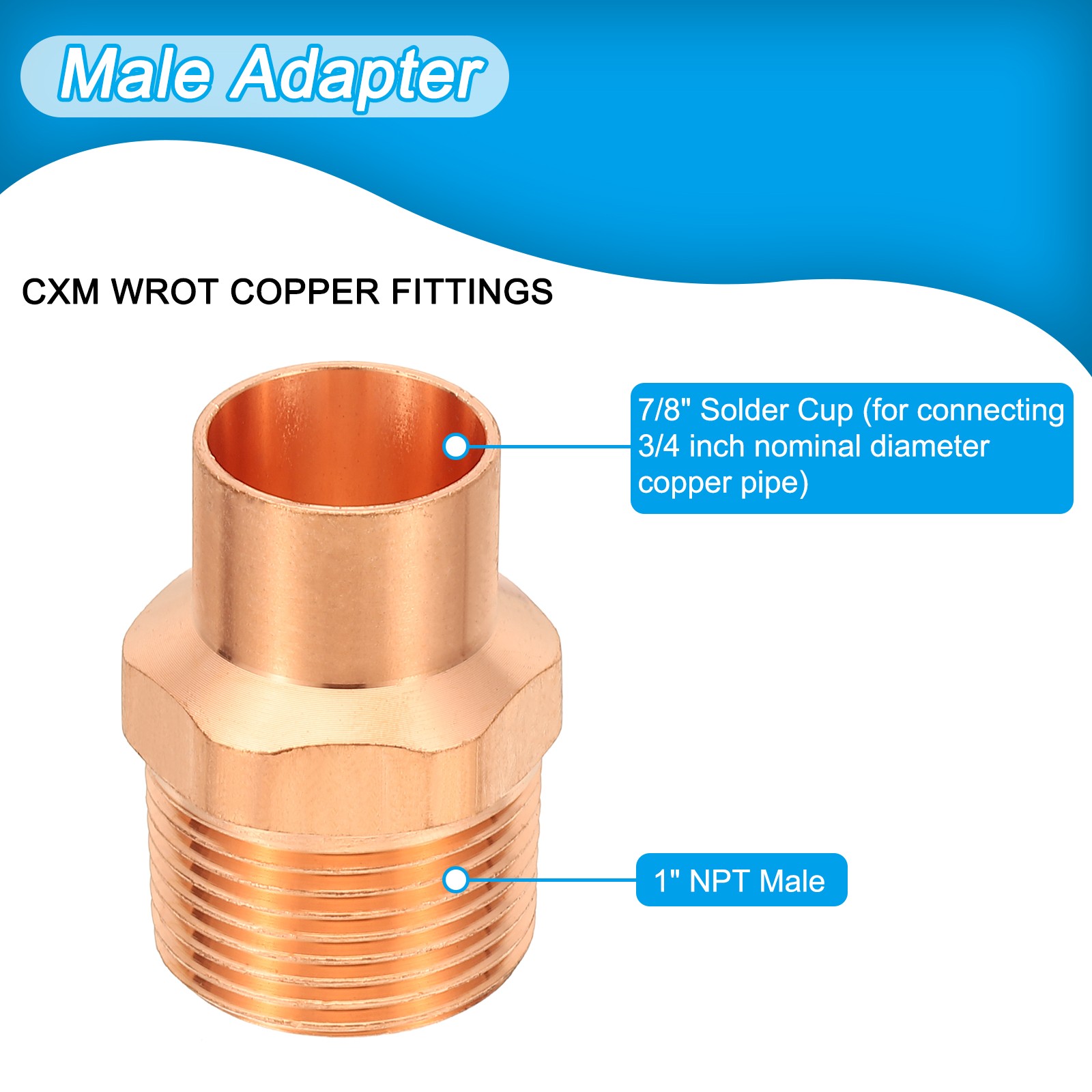 3/4 x 1 Male Adapter Fitting with C x M Connection, Copper Pipe Fitting