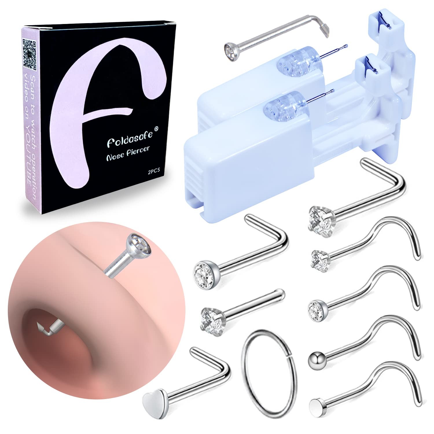 Nose Piercing Gun Disposable Self Nose Piercing Kit Hypoallergenic 2 PCS