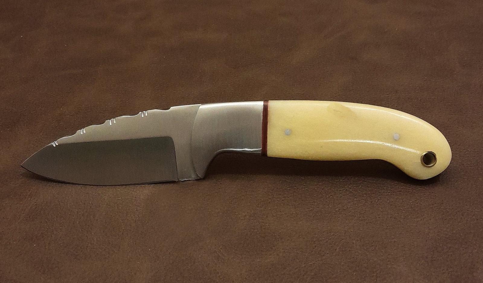 7" Real Bone Handle Fileworked Skinner Knife w/Leather Sheath