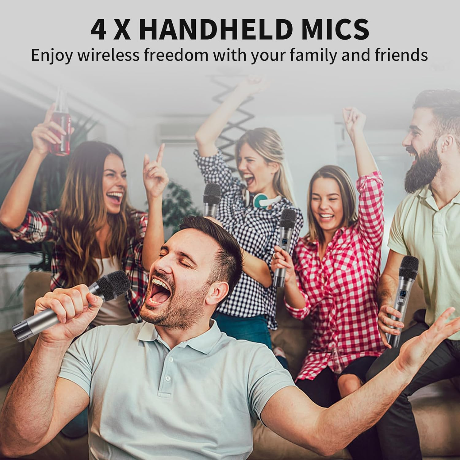 4-Channel UHF Wireless Microphone System with 4 Handheld Mics, 200Ft Range
