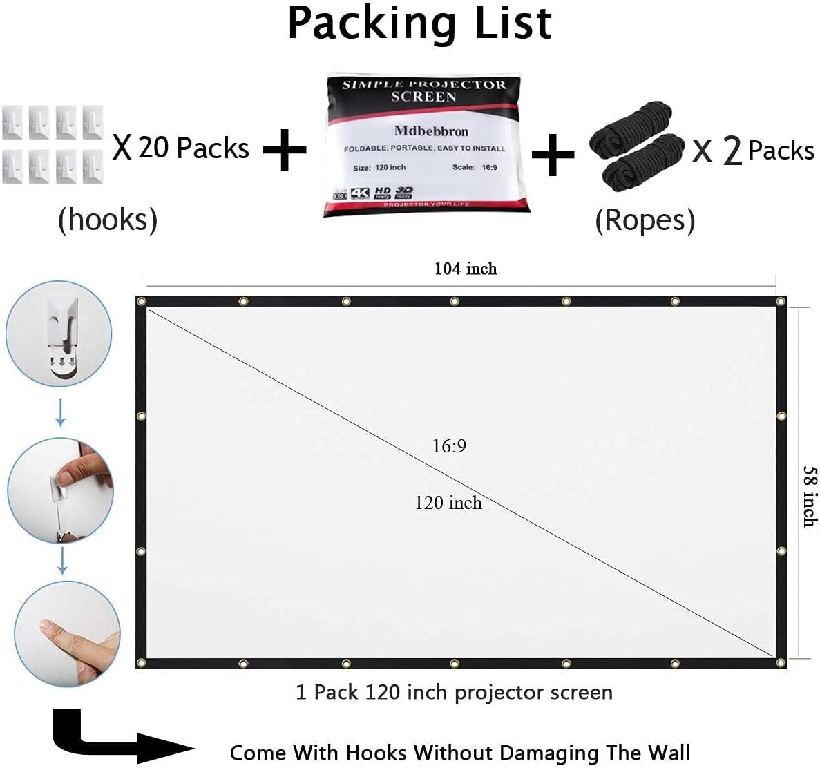 120 inch Projector Screen, 16:9 Foldable Anti-Crease Portable Projector Screen