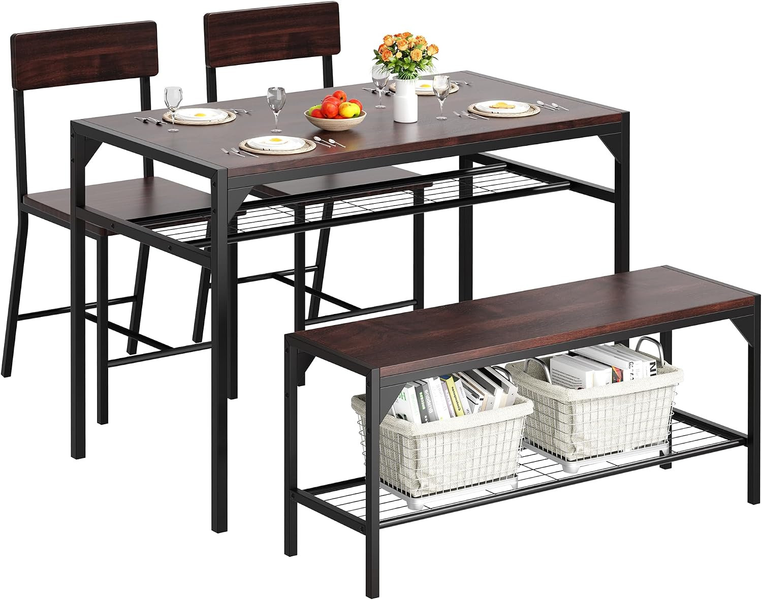 Kitchen Table Chairs Set of 4 with Bench and Chairs, Dark Walnut | Dining Table