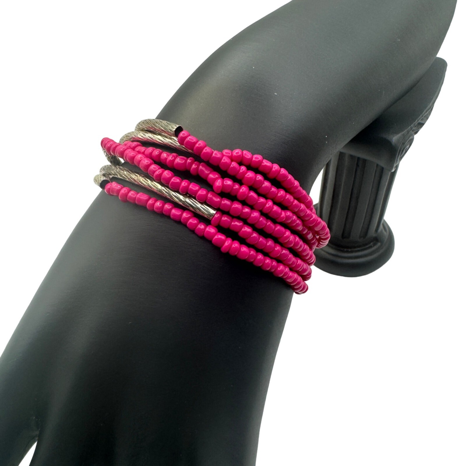 Handcrafted Pink & Silver Beaded Bracelet Set