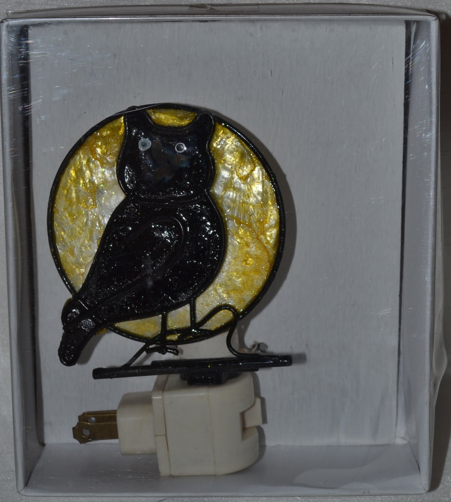 Black Owl Nightlight~Yellow Full Moon~Metal Frame~Blue Sparkle~Halloween~NEW