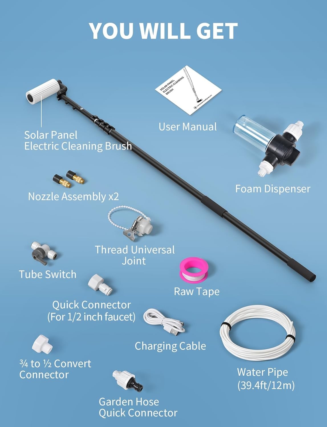 Electric Solar Panel Cleaning Brush and Pole Kit, 20Ft Extendable Washing Kit wi