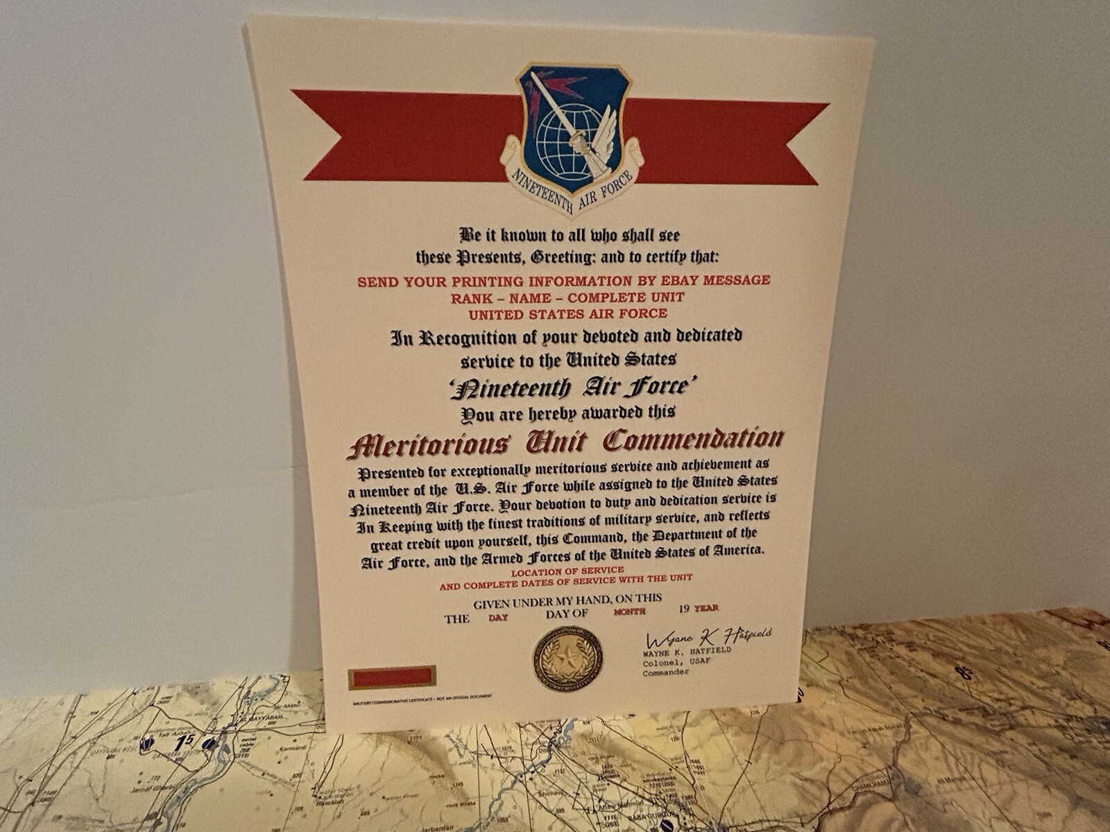 U.S. AIR FORCE / 19TH AIR FORCE - MERITORIOUS UNIT COMMENDATION CERTIFICATE