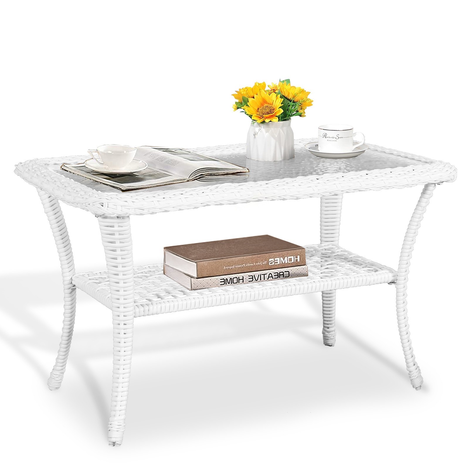 Outdoor Side Table Small Patio End Table Coffee Table with Tempered Glass Top